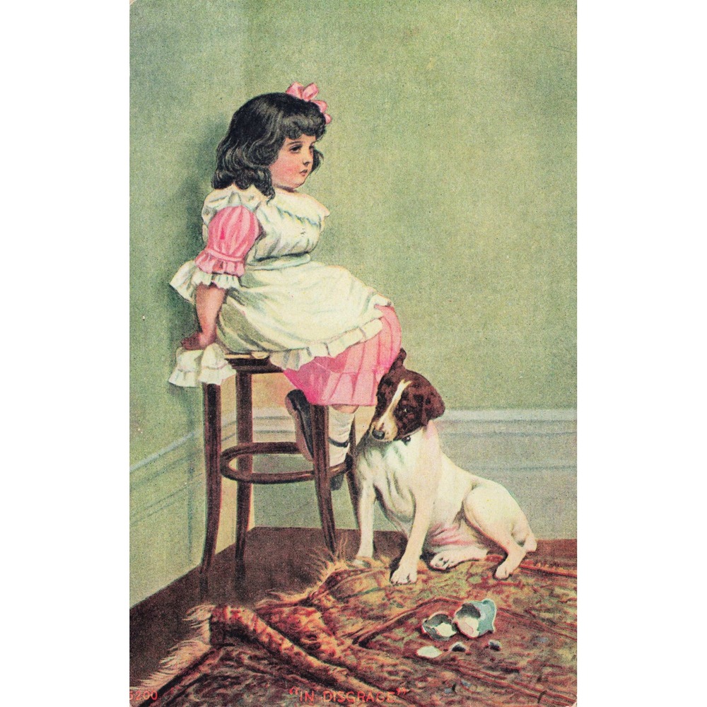 1908 In Disgrace Antique Postcard Girl & Dog in Corner Broken Cup Kunkletown PA